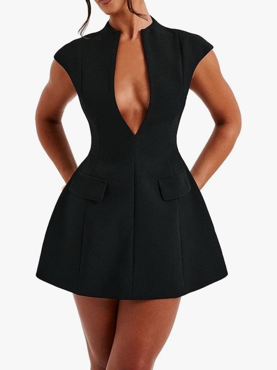 Amazon Dresses & Skirts - Amazon Black Deep Plunge Fit-and-Flare Mini Dress nwot